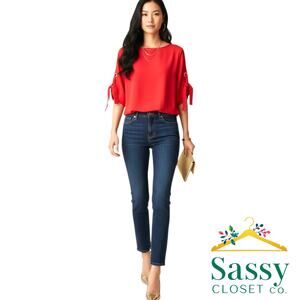 Michael Kors Red Top S EUC Gold Grommet Tie Sleeve Smocked Hem Blouse